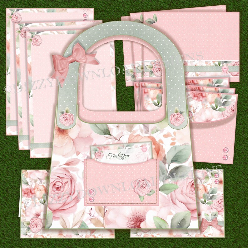 May include: A pink and green floral tote bag with a bow and a pocket that says "For You". The bag is decorated with watercolor flowers and leaves.