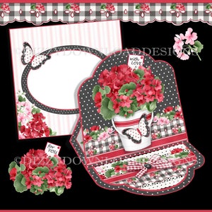 Hermosos geranios tarjeta de caballete descargable con decoupage envidia todo listo para imprimir DESCARGA INSTANTE Cumpleaños Aniversario del Día de las Madres