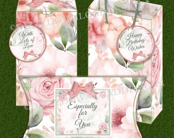 Floral Gift Bag and Boxes Downloadable Set Printable Download Digital Download INSTANT DOWNLOAD Gift Bag and Boxes Ready to Print for Her