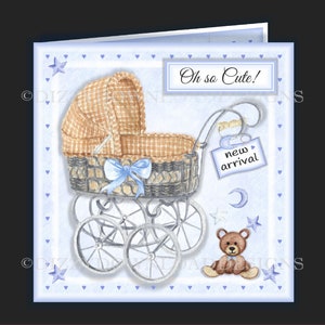 Baby Boy Wicker Wagen herunterladbare Karte mit Einsätzen Decoupage Neid alle bereit zum sofortigen DOWNLOAD für einen neuen geborenen Jungen zu drucken