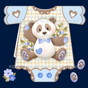 Junge Panda Onesie Herunterladbare Karte Kit Decoupage Digitaler Download SOFORTIGER DOWNLOAD fügt Kleinkind neue Babyjungenkarte ein, die zum Drucken bereit ist