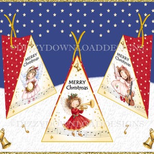 Set of 3 Musician Angels Printable Triangular Christmas Treat Boxes INSTANT DOWNLOAD all Ready for you to Print