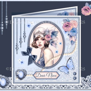 Signora Art Déco con fiori e pizzo Scheda scaricabile anteriore con decoupage e inserti Tutto pronto per la stampa DOWNLOAD IMMEDIATO Compleanno femminile