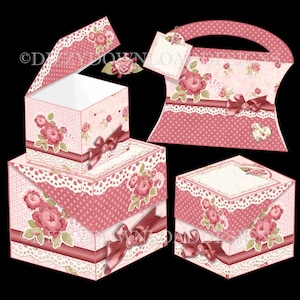 Rosen Klappdeckelboxen zum Herunterladen Set mit 3 Boxen FREEBIE Kissen Geldbörse Digital Download Printables Sofortiger Download Geschenkboxen, die zum Drucken bereit sind