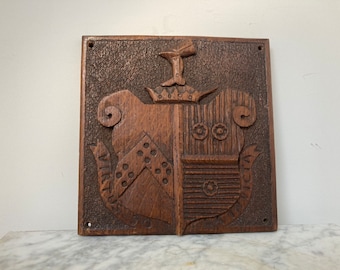Vintage Virtus Invicta Leather Backed Carved Oak Escutcheon Plaque