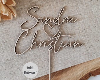 Personalisierter Cake Topper mit Namen | Hochzeit Tortendeko Holz | Individueller Caketopper mit Herz | Tortenstecker Hochzeit
