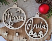Personalized Christmas bauble, wooden Christmas tree decorations