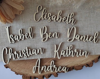 Tischkarten Hochzeit, Platzkarten, Schriftzug aus Holz