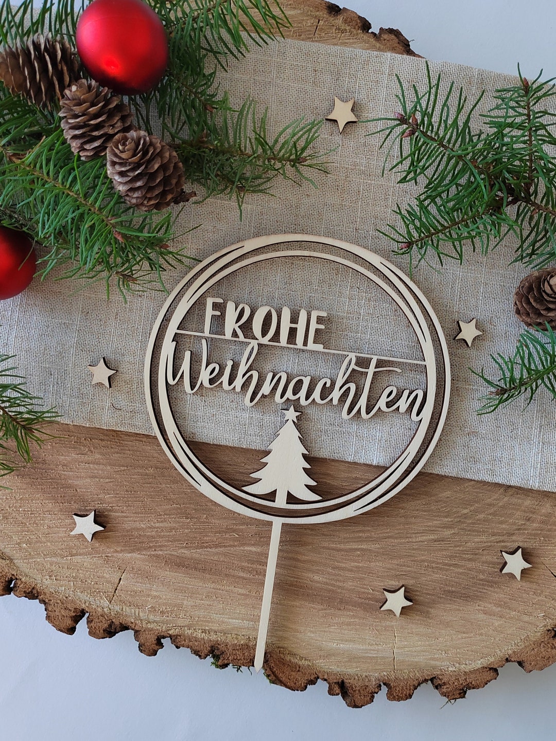 Cake Topper "Frohe Weihnachten" Mit Weihnachtsbaum – Aus Verspiegeltem Rotem Plexiglas