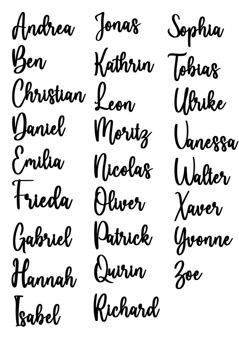 K&ouml;nnte beinhalten: Eine Liste mit 24 Namen, die in einer kursiven Schrift geschrieben sind. Die Namen sind: Andrea, Ben, Christian, Daniel, Emilia, Frieda, Gabriel, Hannah, Isabel, Jonas, Kathrin, Leon, Moritz, Nicolas, Oliver, Patrick, Quirin, Richard, Sophia, Tobias, Ubrike, Vanessa, Walter, Xaver, Yvonne, Zoe.
