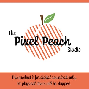 Puede incluir: El logotipo de Pixel Peach Studio presenta un melocot&oacute;n estilizado con rayas rojas y blancas y una hoja verde. El texto "The Pixel Peach Studio" est&aacute; escrito en negro debajo del melocot&oacute;n.