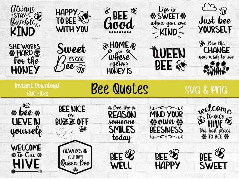 Puede incluir: Un conjunto de 18 citas sobre abejas en blanco y negro con ilustraciones de abejas. Las citas incluyen "Siempre mantente zumbando y amable", "Feliz de estar contigo", "S&eacute; bueno", "Ella trabaja duro por la miel", "Dulce como una abeja", "El hogar es donde est&aacute; tu miel", "La vida es dulce cuando eres amable", "Reina abeja", "S&eacute; amable o vete", "S&eacute; la raz&oacute;n por la que alguien sonr&iacute;e hoy", "Oc&uacute;pate de tus propios asuntos de abejas", "Bienvenido a nuestra colmena, el mejor lugar para estar", "S&eacute; siempre tu propia reina abeja", "S&eacute; bien", "S&eacute; feliz", "S&eacute; dulce", "S&eacute; simplemente t&uacute; mismo", y "S&eacute; el cambio que deseas ver".