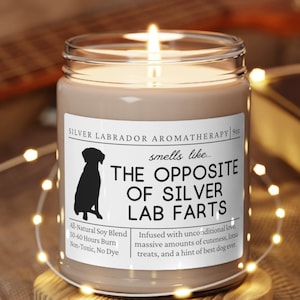 May include: A brown candle with a white label that reads "SILVER LABRADOR AROMATHERAPY" and "smells like THE OPPOSITE OF SILVER LAB FARTS". The label also includes the text "All Natural Soy Blend", "50-40 Hours Burn", "Non-Toxic, No Dye", and "Infused with unconditional love, massive amounts of cuteness, lots of treats, and a hint of best dog ever."
