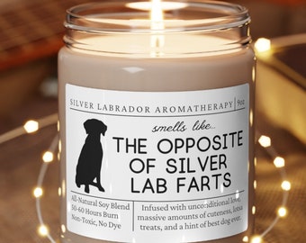 May include: A brown candle with a white label that reads "SILVER LABRADOR AROMATHERAPY" and "smells like THE OPPOSITE OF SILVER LAB FARTS". The label also includes the text "All Natural Soy Blend", "50-40 Hours Burn", "Non-Toxic, No Dye", and "Infused with unconditional love, massive amounts of cuteness, lots of treats, and a hint of best dog ever."