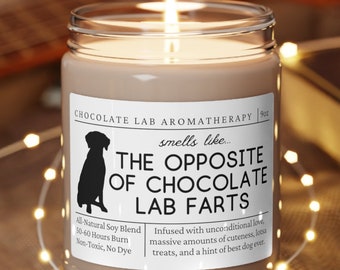 Puede incluir: Una vela marrón con una etiqueta blanca que dice "Chocolate Lab Aromatherapy" y "The Opposite of Chocolate Lab Farts". La vela está encendida y se encuentra sobre un posavasos de madera.