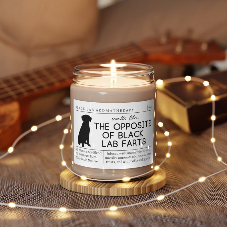 May include: A brown candle with a black silhouette of a dog on the label. The label reads "Black Lab Aromatherapy" and "smells like The Opposite of Black Lab Farts". The candle is on a wooden coaster and surrounded by white string lights.