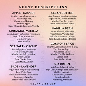 May include: A pink and purple graphic with the text "SCENT DESCRIPTIONS" at the top.  The graphic lists ten different scents with descriptions of each scent.  The scents are: Apple Harvest, Cinnamon Vanilla, Sea Salt + Orchid, Sage + Lavender, Clean Cotton, Vanilla Bean, Comfort Spice, Sea Breeze, and Luna Gift Co.