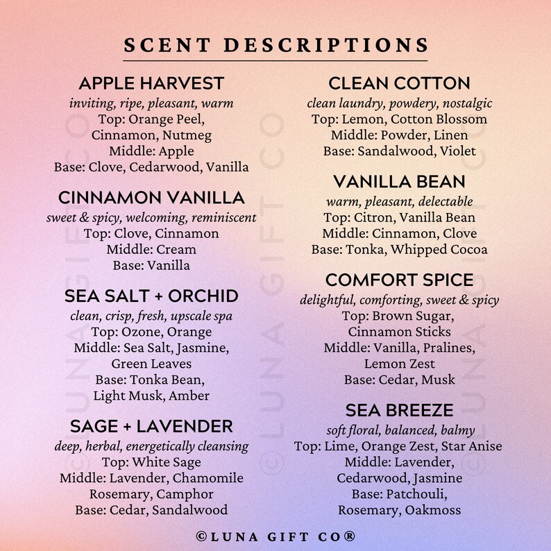 May include: A pink and purple graphic with the text "SCENT DESCRIPTIONS" at the top.  The graphic lists ten different scents with descriptions of each scent.  The scents are: Apple Harvest, Cinnamon Vanilla, Sea Salt + Orchid, Sage + Lavender, Clean Cotton, Vanilla Bean, Comfort Spice, Sea Breeze, and Luna Gift Co.