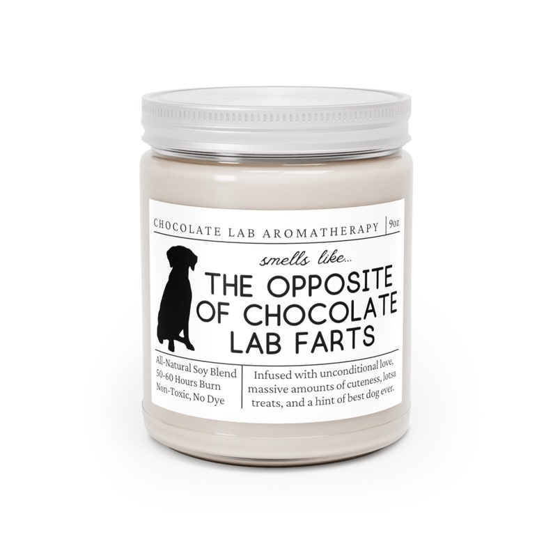 Może przedstawiać: Szklany słoik w kolorze brązowym z woskową świecą i srebrną pokrywką. Etykieta zawiera napis "Chocolate Lab Aromatherapy" oraz "smells like... The Opposite of Chocolate Lab Farts". Etykieta zawiera r&oacute;wnież tekst "All-Natural Soy Blend, 50-60 Hours Burn, Non-Toxic, No Dye".