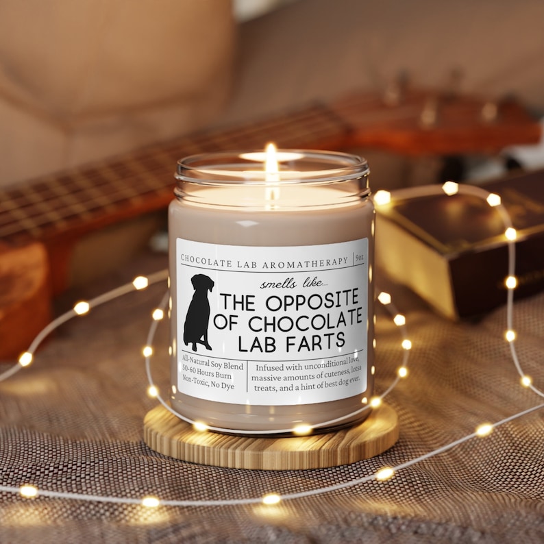 Może przedstawiać: Brązowa świeca z białą etykietą, na kt&oacute;rej widnieje napis "Chocolate Lab Aromatherapy" i "The Opposite of Chocolate Lab Farts". Świeca jest zapalona i stoi na drewnianym podkładce.