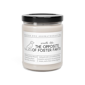 May include: A white candle jar with a black lid. The label reads "FOSTER DOG AROMATHERAPY 9oz" and "smells like... THE OPPOSITE OF FOSTER FARTS". The label also says "All-Natural Soy Blend, 50-60 Hours Burn, Non-Toxic, No Dye" and "Infused with unconditional love, massive amounts of cuteness, lotsa treats, and a hint of best dog ever."