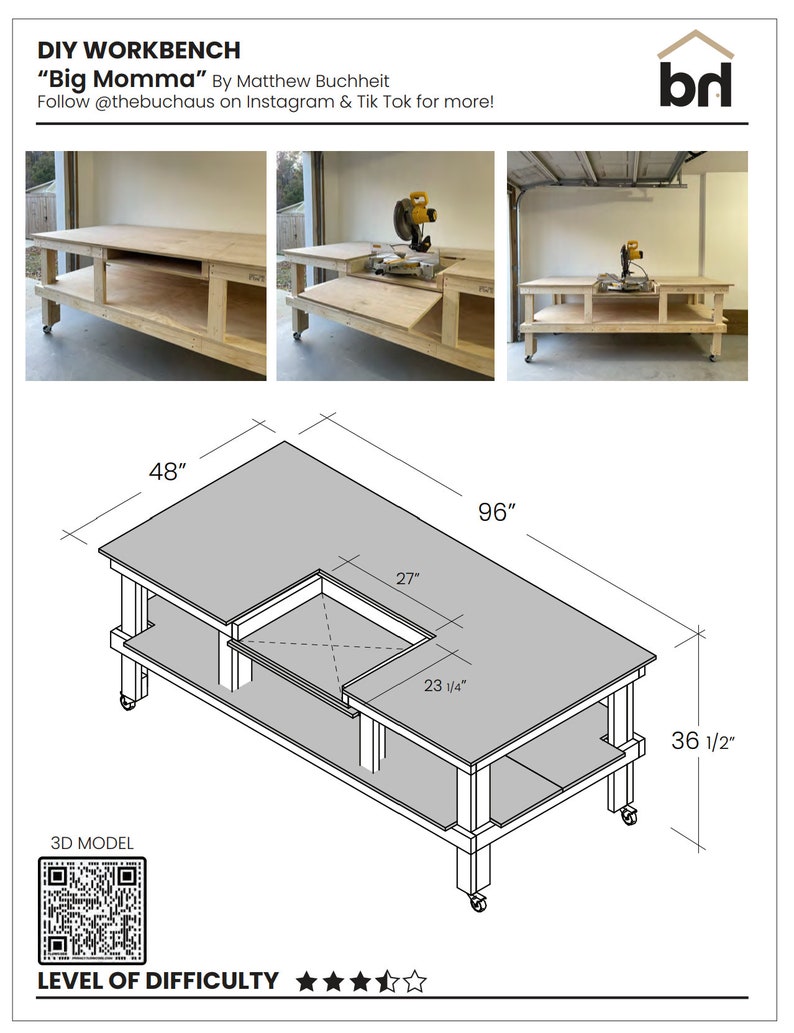 DIY Mobile Workbench PDF Plans for Miter Saw/Table Saw Includes Step-by-Step Guide w/ Free 3D Model by QR Code image 2