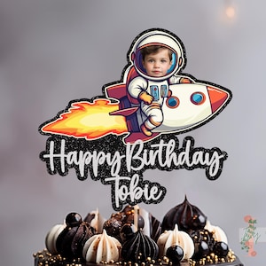Decorazione per torta di compleanno con foto personalizzata con razzo e glitter, decorazione per feste, astronauta