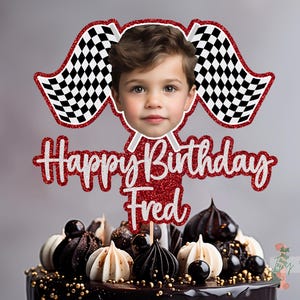 Photo Racing Flags Personalised Custom Glitter Happy Birthday Cake Topper Party Decoration
