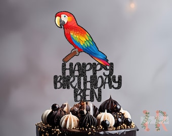 Parrot Personalised Custom Glitter Happy Birthday Cake Topper Party Decoration