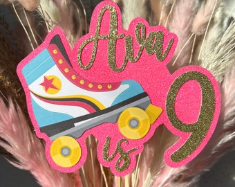 Roller Skate Personalised Custom Glitter Happy Birthday Cake Topper Party Decoration