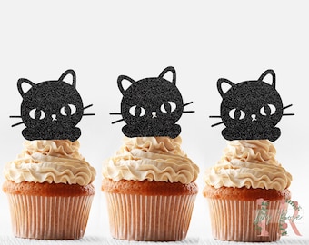 Adornos para cupcakes con purpurina de gato, decoración para fiestas de cumpleaños