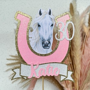 White Horse Personalised Custom Glitter Cake Topper Horse Shoe