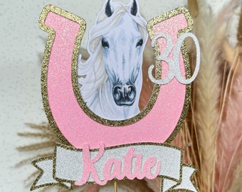 White Horse Personalised Custom Glitter Cake Topper Horse Shoe