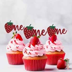 Strawberry One Glitter Cupcake Toppers Party Decoration Birthday