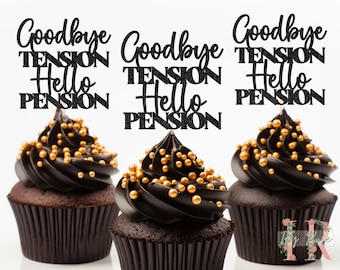 Goodbye Tension Hello Pension Glitter Cupcake Toppers Party Decoration