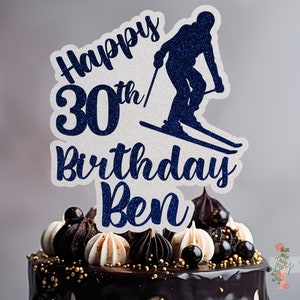 Skiing Personalised Custom Glitter Happy Birthday Cake Topper Party Decoration