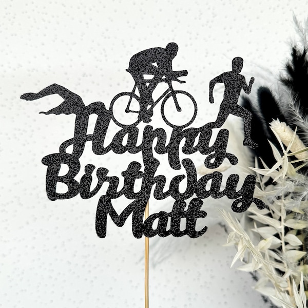Triathlon Personalised Custom Glitter Happy Birthday Cake Topper Party Decoration
