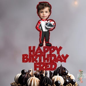 Race Car Driver Personalised Photo Custom Glitter Happy Birthday Cake Topper Party Decoration