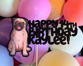 Decoración personalizada para tarta de cumpleaños con purpurina personalizada, diseño de perro Pug