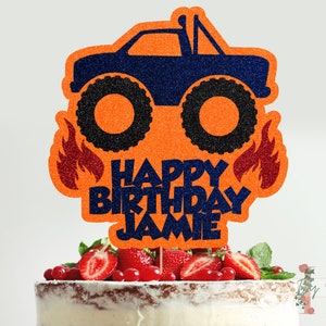 Monster Truck Personalised Custom Glitter Happy Birthday Cake Topper Party Decoration