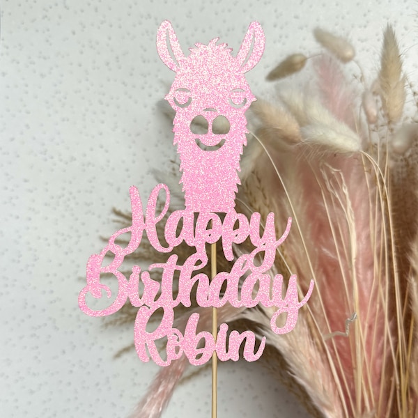 Llama Alpaca Personalised Custom Glitter Happy Birthday Cake Topper Party Decoration Animal Farm Kids