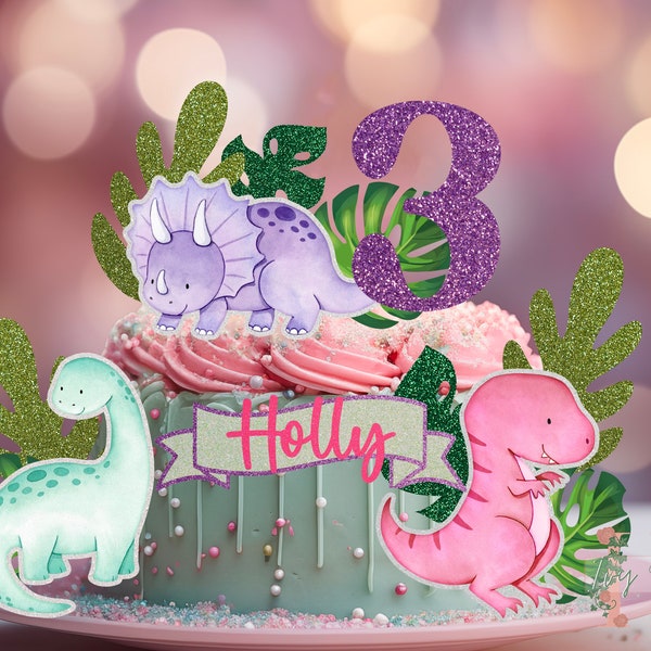 Girly Dinosaur Cake Topper Set Name Age Personalised Custom Glitter Happy Birthday Party Decoration
