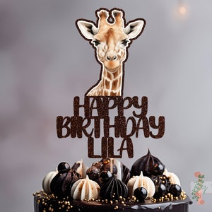 Watercolour Giraffe Personalised Custom Glitter Happy Birthday Cake Topper Party Decoration