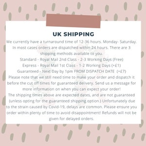 May include: A light pink background with a white and brown dotted pattern. The text "UK SHIPPING" is at the top, followed by information about order processing and shipping times. The text is in a clean, easy-to-read font.