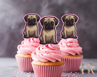Decoración para fiestas con purpurina para cupcakes, diseño de perro Pug