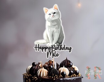 White Cat Personalised Custom Glitter Happy Birthday Cake Topper Party Decoration