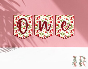 Personalised Strawberry First Birthday Glitter Banner Bunting Party Decoration Berry 1st Birthday
