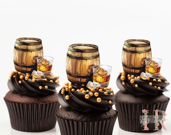 May include: Three chocolate cupcakes decorated with gold sprinkles and edible images of a wooden barrel and a glass of whiskey.