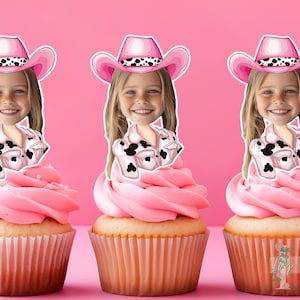 Topper per cupcake con foto personalizzata, decorazione per feste di compleanno, a forma di cowgirl rosa.