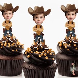 Topper per cupcake con foto personalizzata a forma di cowboy, decorazione per feste di compleanno, immagine personalizzata